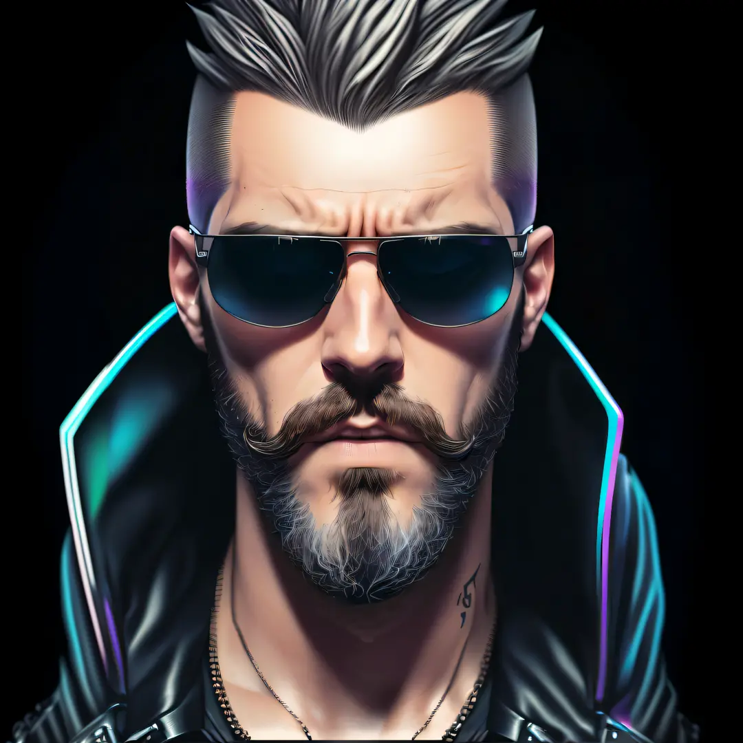 a close up of a man with a beard and sunglasses, portrait of a cyberpunk man, photorealistic artstyle, realistic artstyle, cyberpunk style ， hyperrealistic, cyberpunk shading, epic portrait illustration, cyberpunk dude, hyper realistic style, beaten tech. ...