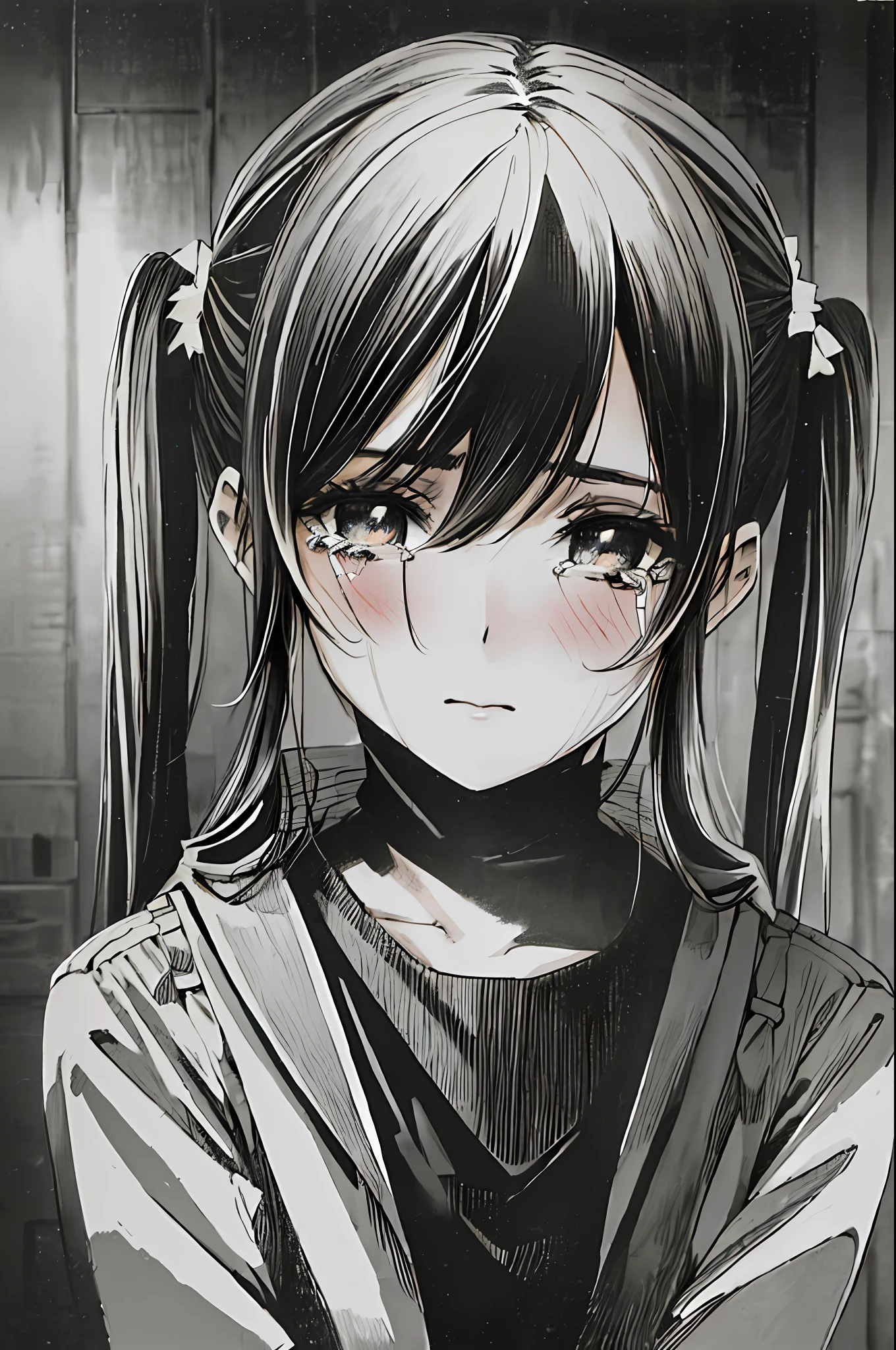 ((best quality)), ((highly detailed)), masterpiece, ((official art)), detailed face, beautiful face, (pigtails:1.1), (mad), crying, sad, blushing, (detailed eyes, deep eyes), (1girl), bluethebone, 1980s \(style\), mikasa