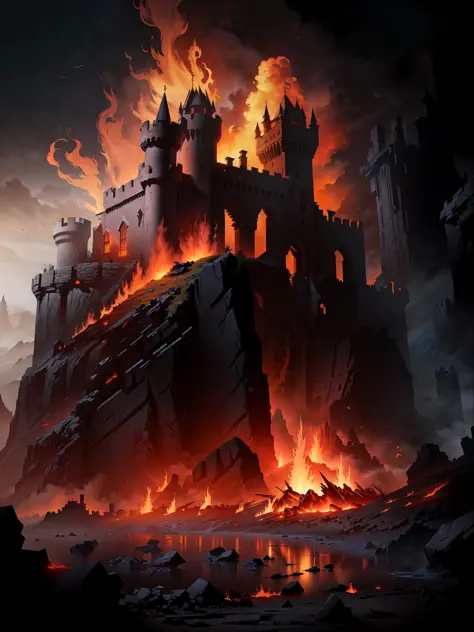 a large castle on a hill with a fire in the middle, an ancient city on fire, destroyed castle, ruins of hell, wrath flame and ruin, dantes inferno, darksouls concept art, dark souls concept art, hellfire background, dota! matte painting concept art, for ho...