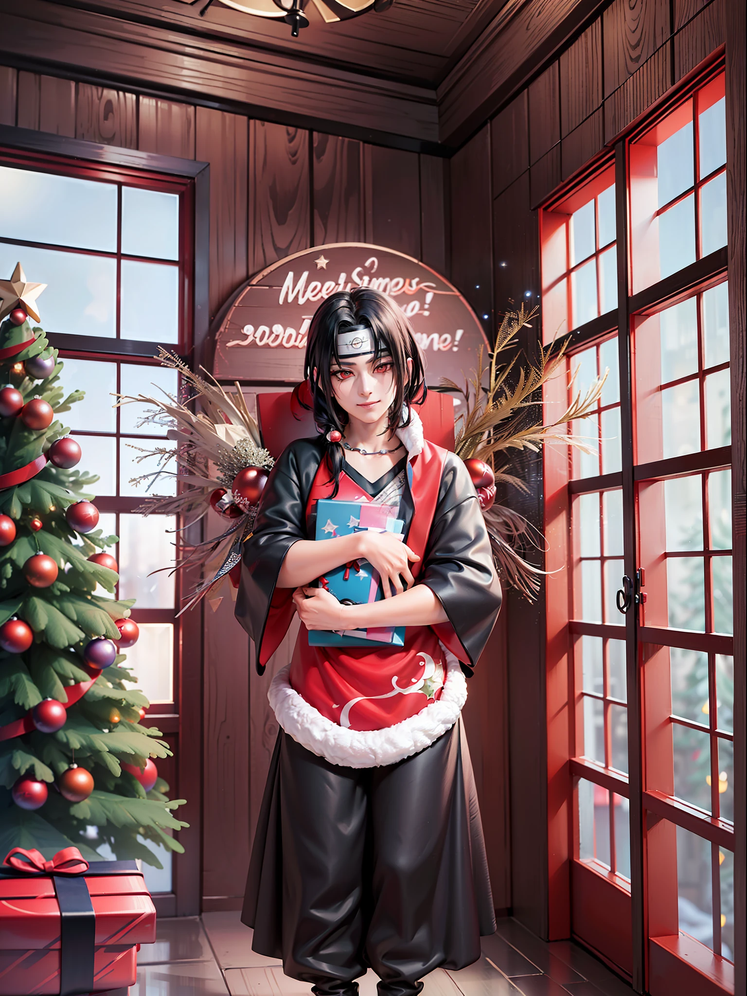 ((全身):1.5), {Uchiha Itachi}, ただ {Uchiha Itachi} ((クリスマスラジェと非常に, ギフトバッグを持つ):1.3)), のみ {Uchiha Itachi} ((視聴者を見て, 彼の顔に幸せと躁病の笑顔の表情で):1.3), ((大きなクリスマスツリーが横にある煙突の前の家の中)), アニメ, アニメ-style,  16k, 高解像度, ((最高品質, 細部までこだわった:1.5), 超高解像度, ((傑作))