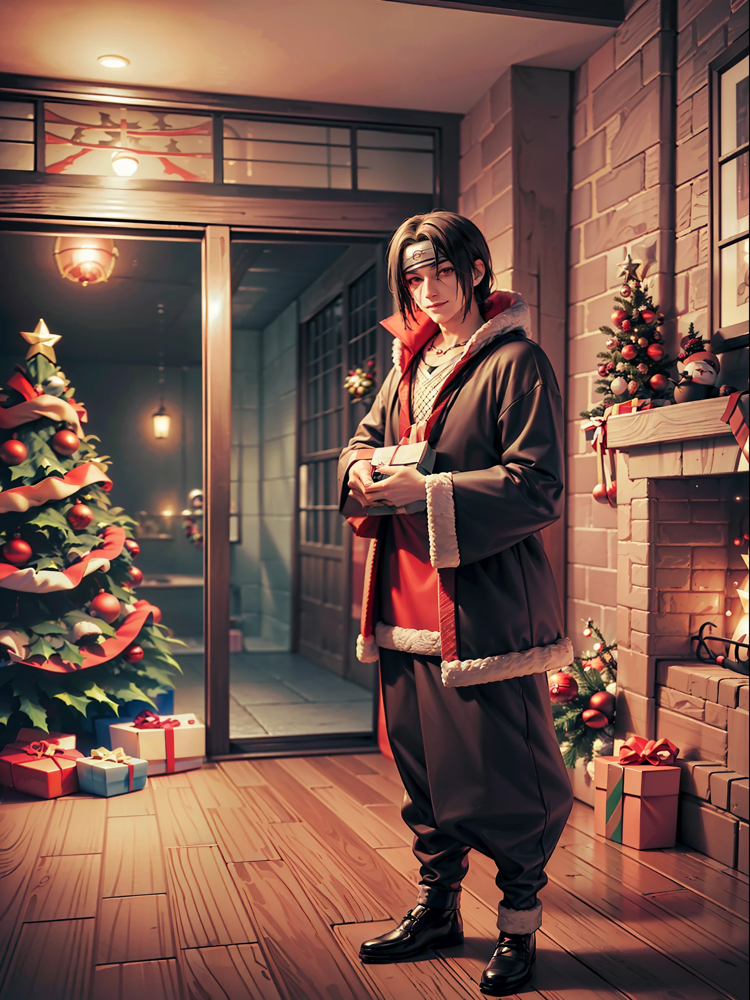 ((全身):1.5), {Uchiha Itachi}, ただ ((({Uchiha Itachi}/男)) (((クリスマスラジェと非常に, ギフトバッグを持つ):1.3)), のみ {Uchiha Itachi} ((視聴者を見て, with a look of happiness and 男ic smile on his face):1.3), ((大きなクリスマスツリーが横にある煙突の前の家の中)), アニメ,  アニメ style, 16k, 高解像度, ((最高品質, 細部までこだわった:1.5), 超高解像度, ((傑作))