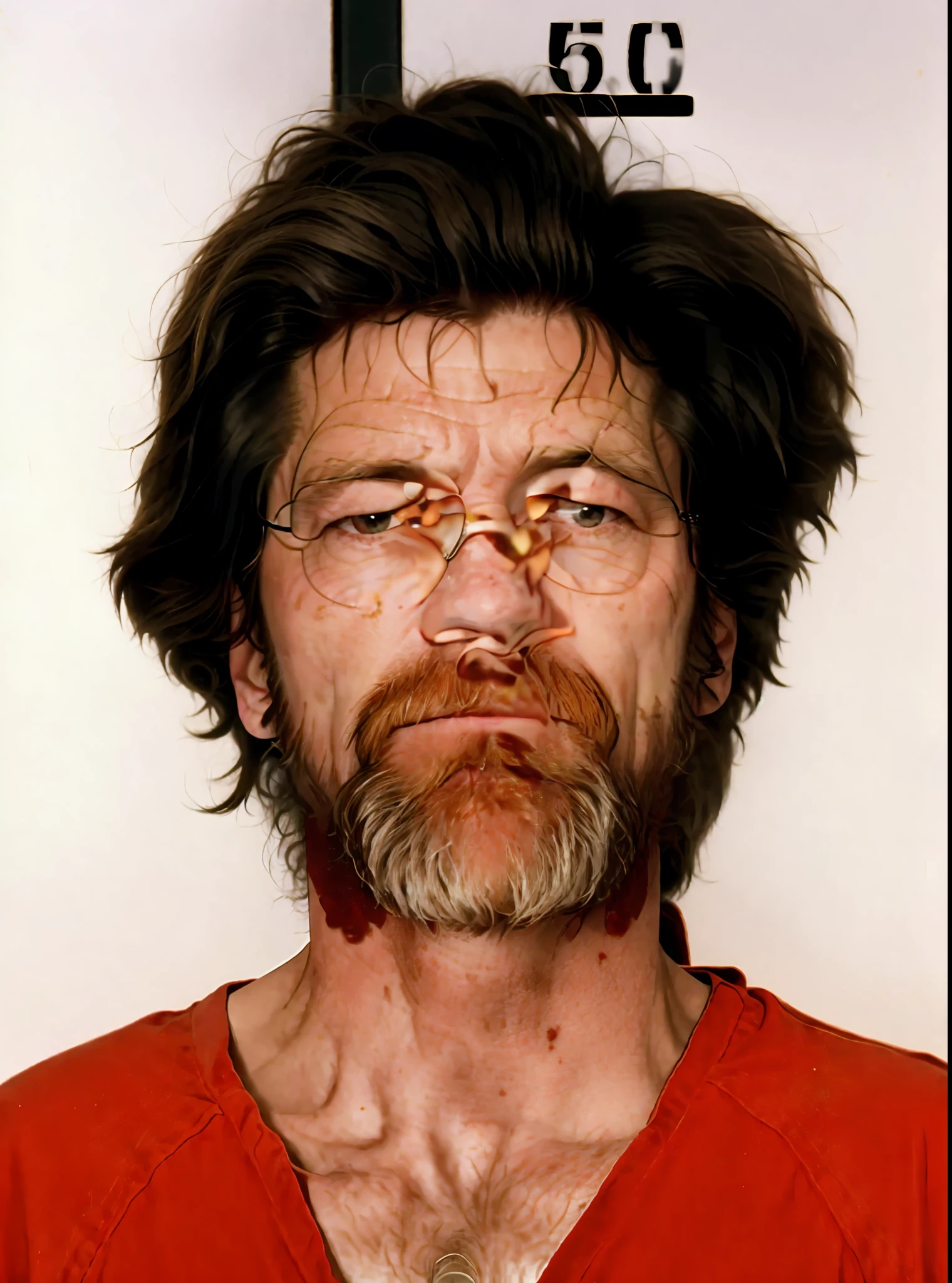 realistic, Man with beard and red shirt in mug photo, photo of a 50-year-old white man, photo of a shaggy man, Theodore John Kaczynski, scariest looking man alive, taken in the early 1990s, Vladimir Krisetskiy, Willem Dafoe, grainy photo of an ugly man, unabomber