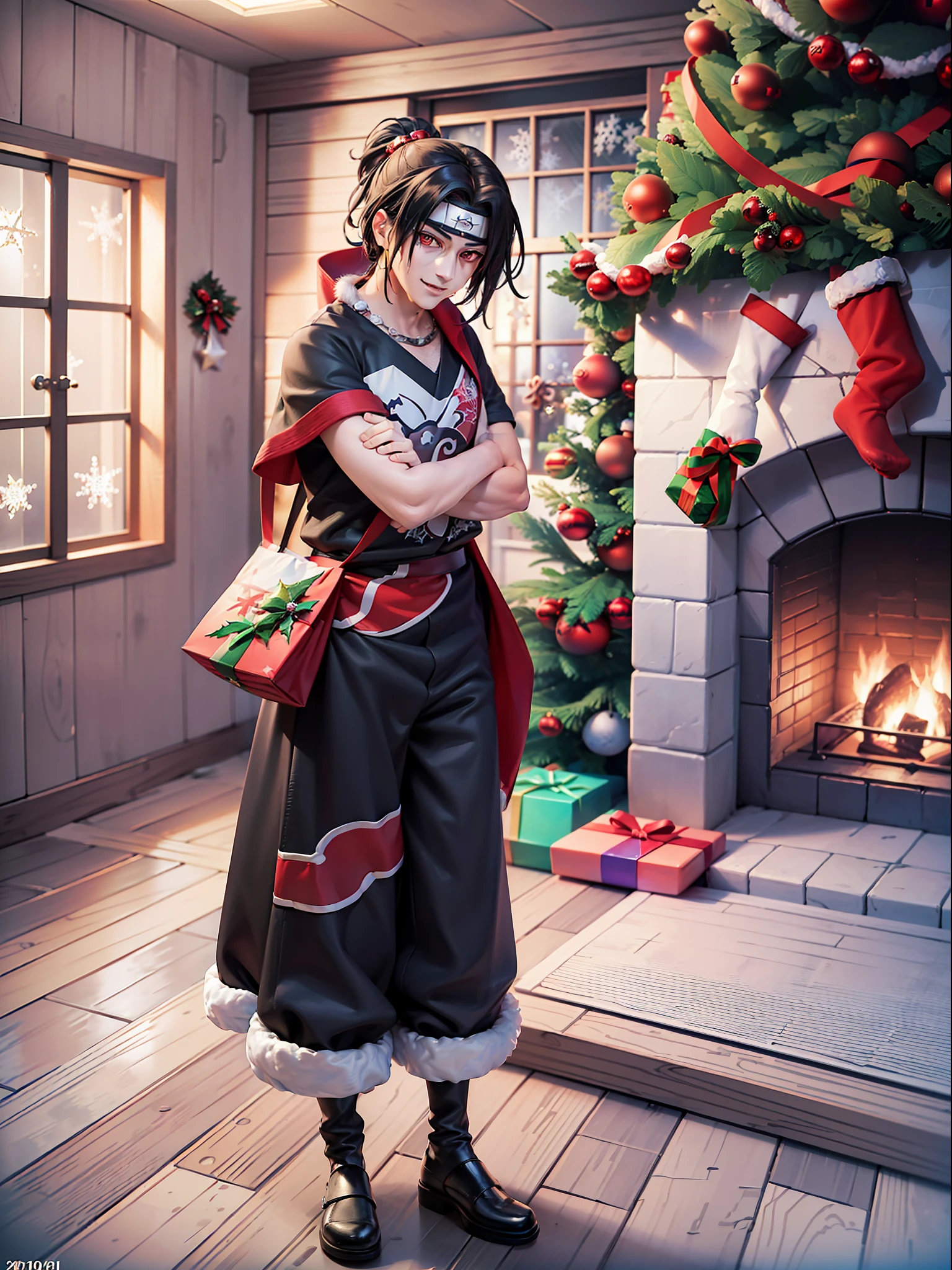 ((Full body):1.5), {uchiha itachi}, Just ((({uchiha itachi}/man)) (((with Christmas raje extremely, holding a gift bag):1.3)), Only {uchiha itachi} ((looking at the viewer, with a look of happiness and manic smile on his face):1.3), ((Inside a house in front of a chimney with a large Christmas tree next to it)), anime,  anime style, 16k, high resolution, best quality, (high details:1.3), UHD, ((masterpiece))