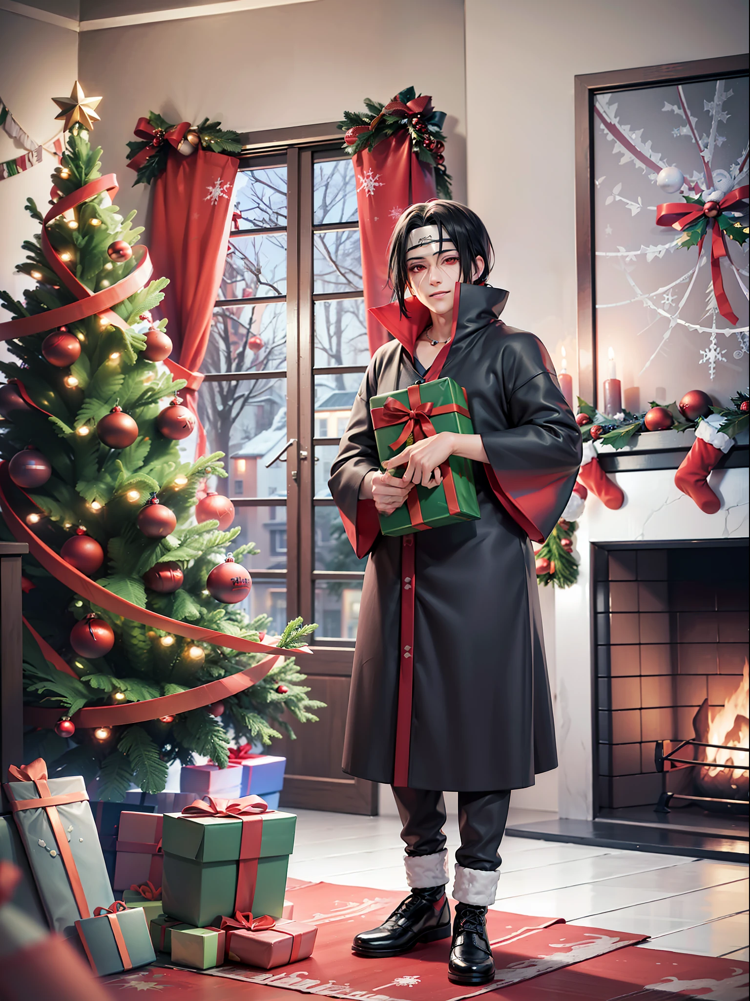 ((corpo todo):1.5), {Uchiha Itachi}, apenas ((({Uchiha Itachi}/homem)) (((com raje de Natal extremamente, segurando uma sacola de presente):1.3)), apenas {Uchiha Itachi} ((olhando para o espectador, with a look of happiness and homemic smile on his face):1.3), ((Dentro de uma casa em frente a uma chaminé com uma grande árvore de Natal ao lado)), anime,  estilo anime, 16k, Alta resolução, melhor qualidade, (detalhes altos:1.3), Ultra HD, ((obra de arte))