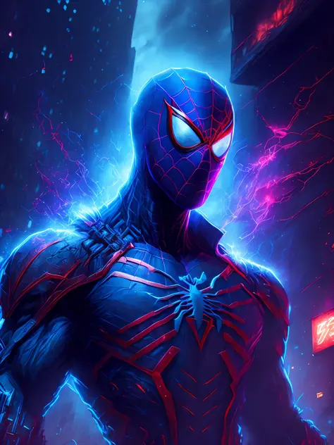 gloomy portrait of Zombie Spider-Man 2099 from Marvel, extremely detailed, futuristic cityscape, nighttime, glowing neon lights, smoke, sparks, metal shavings, flying debris, blue energy effects, volumetric light