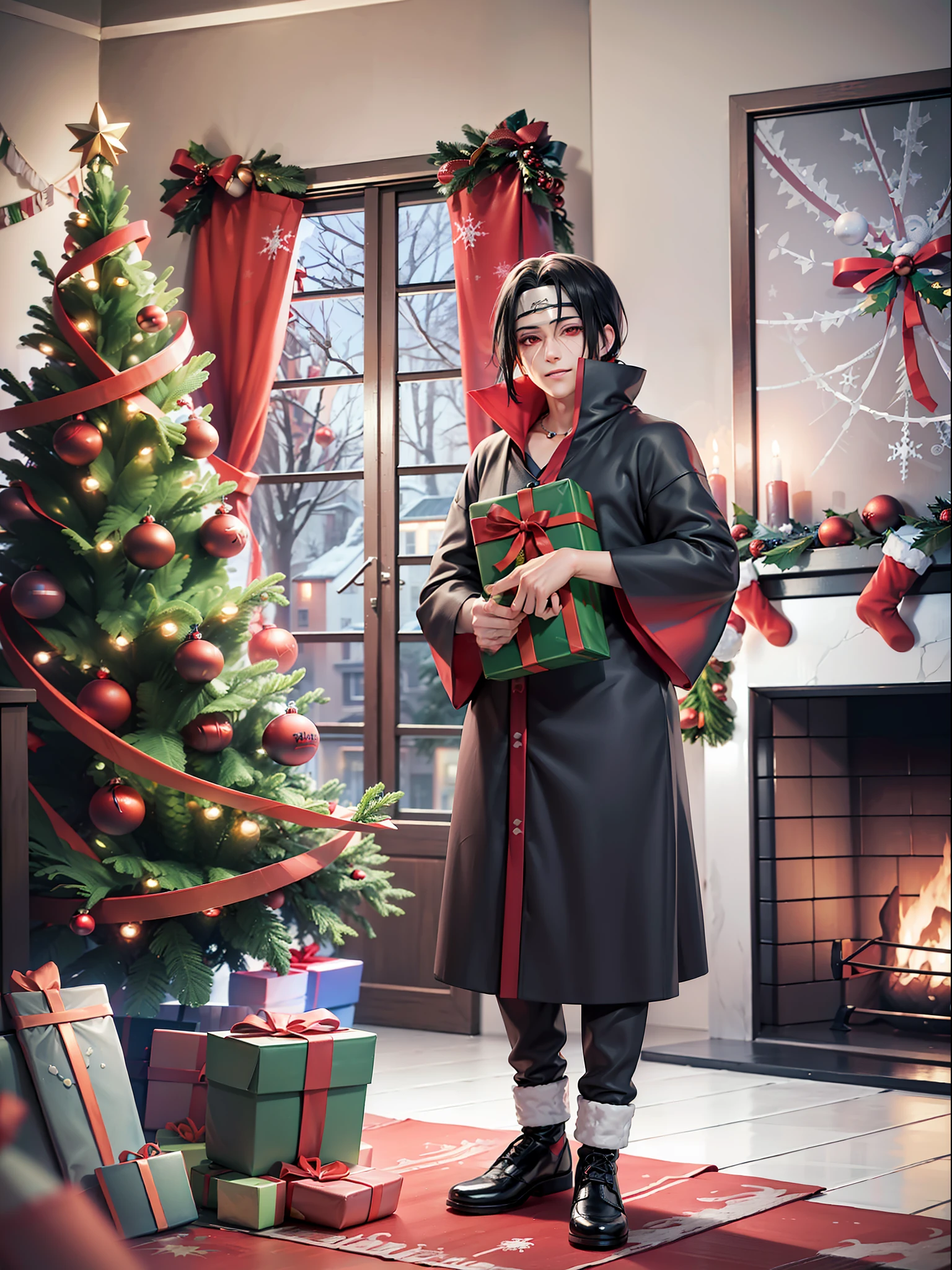 ((cuerpo completo):1.5), {Uchiha Itachi}, justo ((({Uchiha Itachi}/hombre)) (((con raje navideño extremadamente, sosteniendo una bolsa de regalo):1.3)), solo {Uchiha Itachi} ((mirando al espectador, with a look of happiness and hombreic smile on his face):1.3), ((Dentro de una casa frente a una chimenea con un gran árbol de Navidad al lado)), animado,  animado style, 16k, Alta resolución, mejor calidad, (detalles altos:1.3), HD, ((obra maestra))