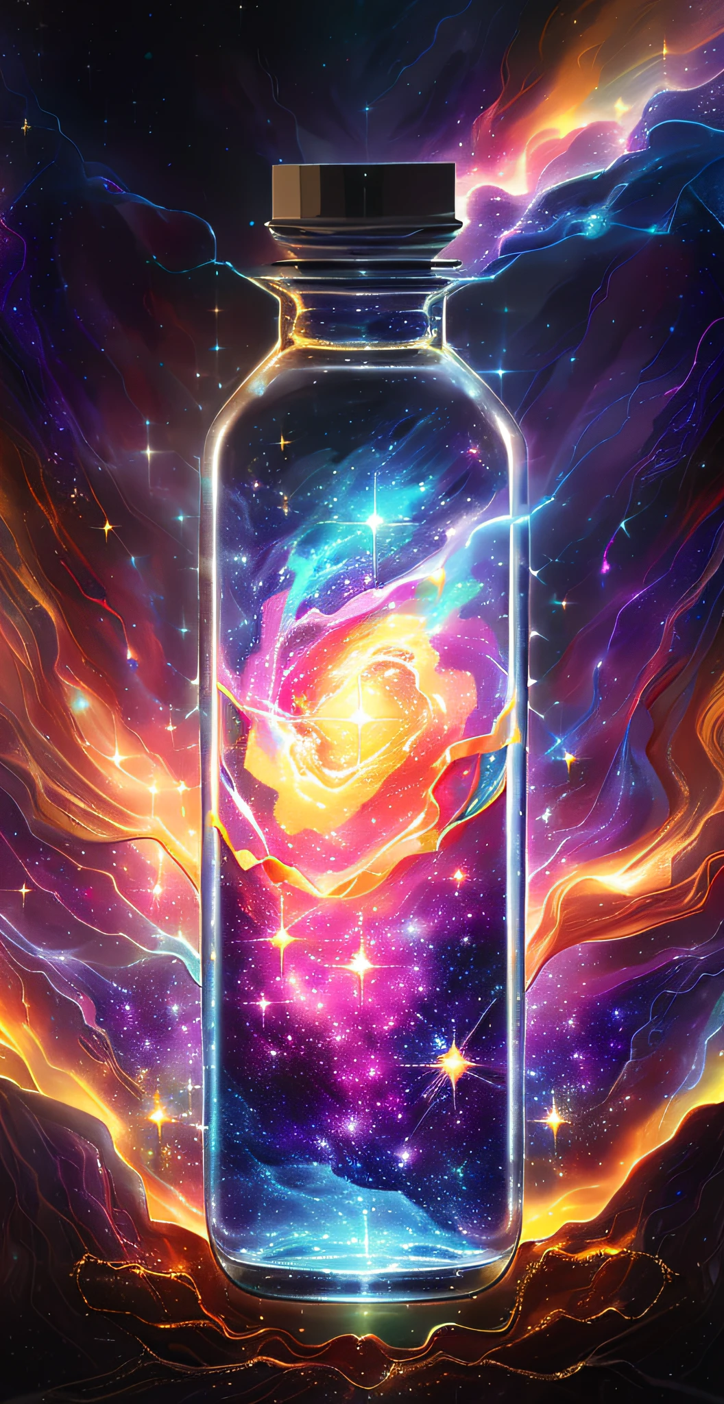 a close up of a glass jar with a colorful galaxy inside, galaxy in a bottle, lightning in a bottle, vial of stars, amazing wallpaper, glowing liquid, dreamscape in a jar, liquid glowing aura, cosmic energy, lava lamp, liquid fire, astral background, by Adam Marczyński, galactic energy, otherworldly visuals, wallpaper 4 k