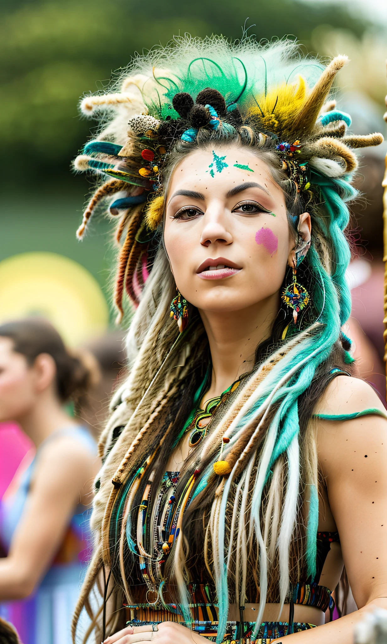 Em meio ao mundo encantador do festival Burning Man, uma bela modelo europeia com cabelos hipnotizantes com dreadlocks explora graciosamente os terrenos vibrantes. She is a living artework herself, adornada com trajes de inspiração boêmia que refletem sua natureza de espírito livre. O festival pulsa com música, arte, e um senso de coletividade . O prompt visa capturar a presença magnética do modelo neste ambiente único. Estilo de pintura, usando mídia mista em tela, combinando tintas acrílicas com pigmentos vibrantes e elementos texturizados, transmitindo o fascínio da modelo e a atmosfera caleidoscópica do festival. --ar 16:9 --v 5