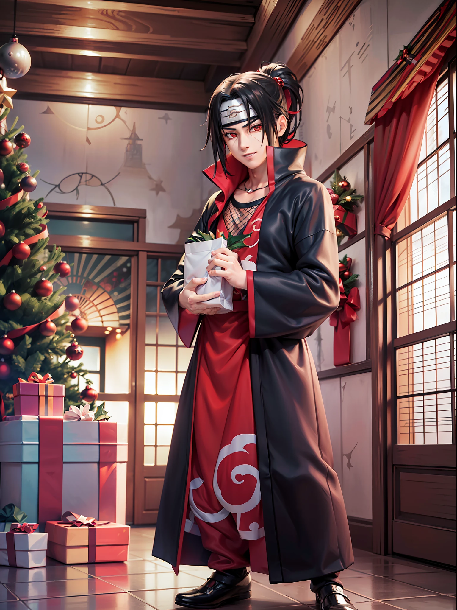 ((cuerpo completo):1.5), (({uchiha Élachi}/Él)), solo {uchiha Élachi}/él (((wÉlh Christmas raje extremely, sosteniendo una bolsa de regalo):1.3)), solo {uchiha Élachi}/él ((looking at tél viewer, wÉlh a look of happiness and manic smile on his face):1.3), ((Inside a house in front of a chimney wÉlh a large Christmas tree next to Él)),  animado, animado style, 16k, Alta resolución, ((best qualÉly, detalles altos):1.3), HD, ((obra maestra))