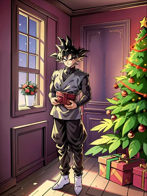 ((Full body):1.5), (({goku blacki})), Only {goku black} (((with Christmas raje extremely, holding a gift bag):1.3)), Only {goku ...