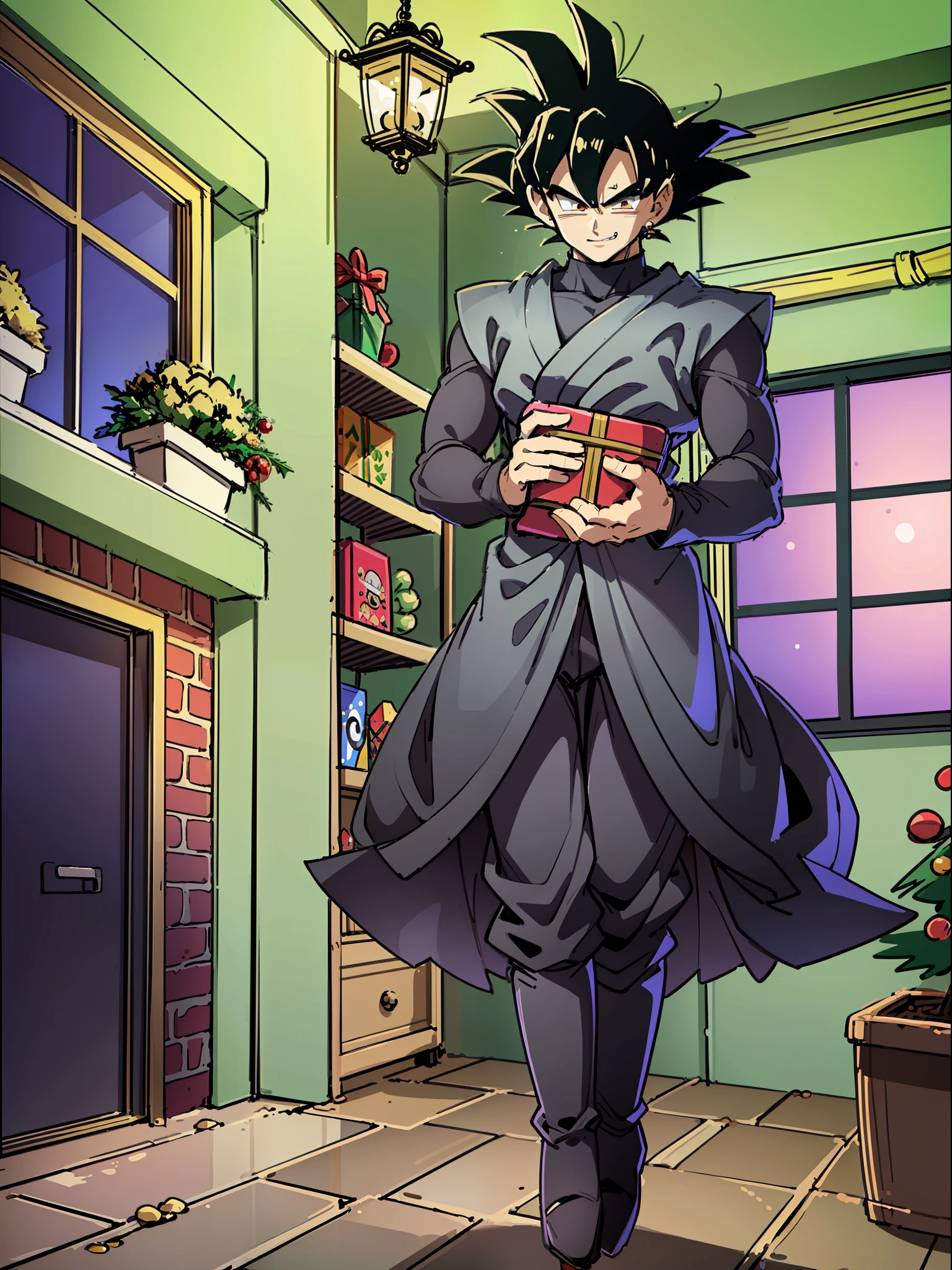 ((Full body):1.5), (({goku blacki})), Only {goku black} (((with Christmas raje extremely, holding a gift bag):1.3)), Only {goku black} ((looking at the viewer, with a look of happiness and manic smile on his face):1.3), ((Inside a house with a chimney with a Christmas tree next to it)), anime, anime-style, 16k, high resolution,  ((best quality, high details):1.3), UHD, ((masterpiece))