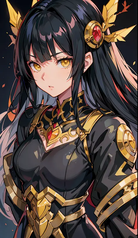 anime image of a woman with long black hair and yellow eyes, vanitas, yellow anime pupils in her eyes, close up of a young anime...