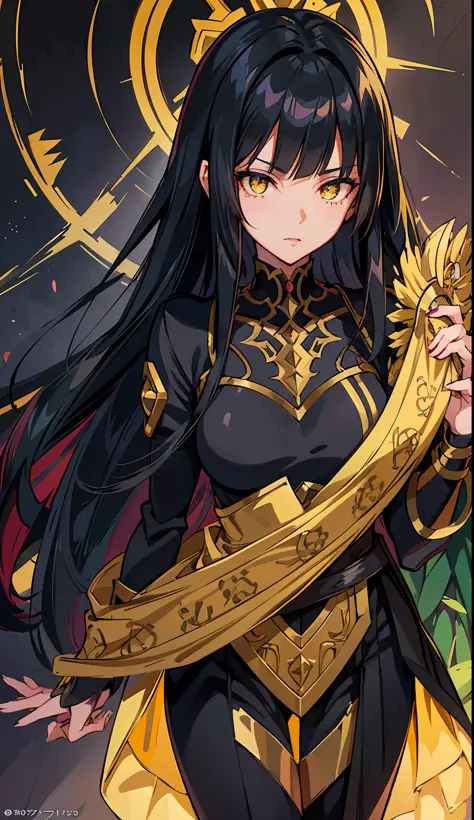 anime image of a woman with long black hair and yellow eyes, vanitas, black anime pupils in her eyes, close up of a young anime ...
