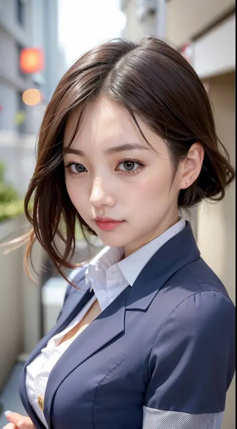 Japan girl, girl in her twenties, just good breasts, perfect breasts, perfect skin, wet hair, perfect, dark hair, brown eyes, office lady, navy suit up and down, light blue shirt, shiny, luminous, city,