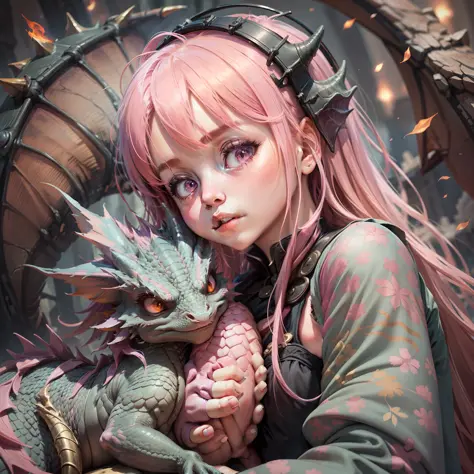 A little girl and a dragon, close-up, snuggling each other, girl pink hair, dragon pink,