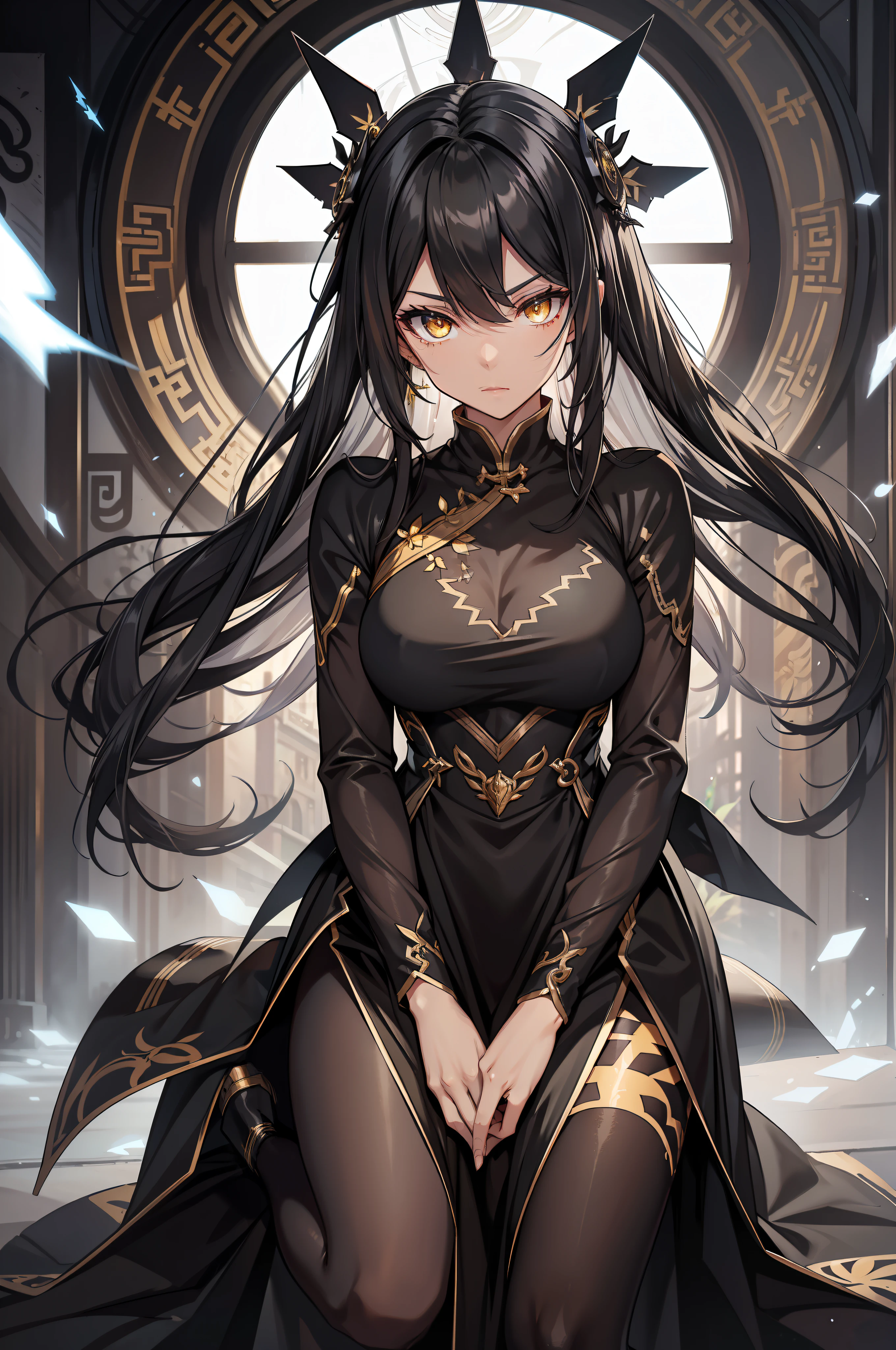 Sharp eyes, yellow eyes, extremely detailed eyes, eyes close up, Chinese dress, leg slit dress, pantyhose, black clothes, black and silver hair, lightning eyes, glowing eyes, wind blowing hair, radiating eyes, dark room, eyes focus