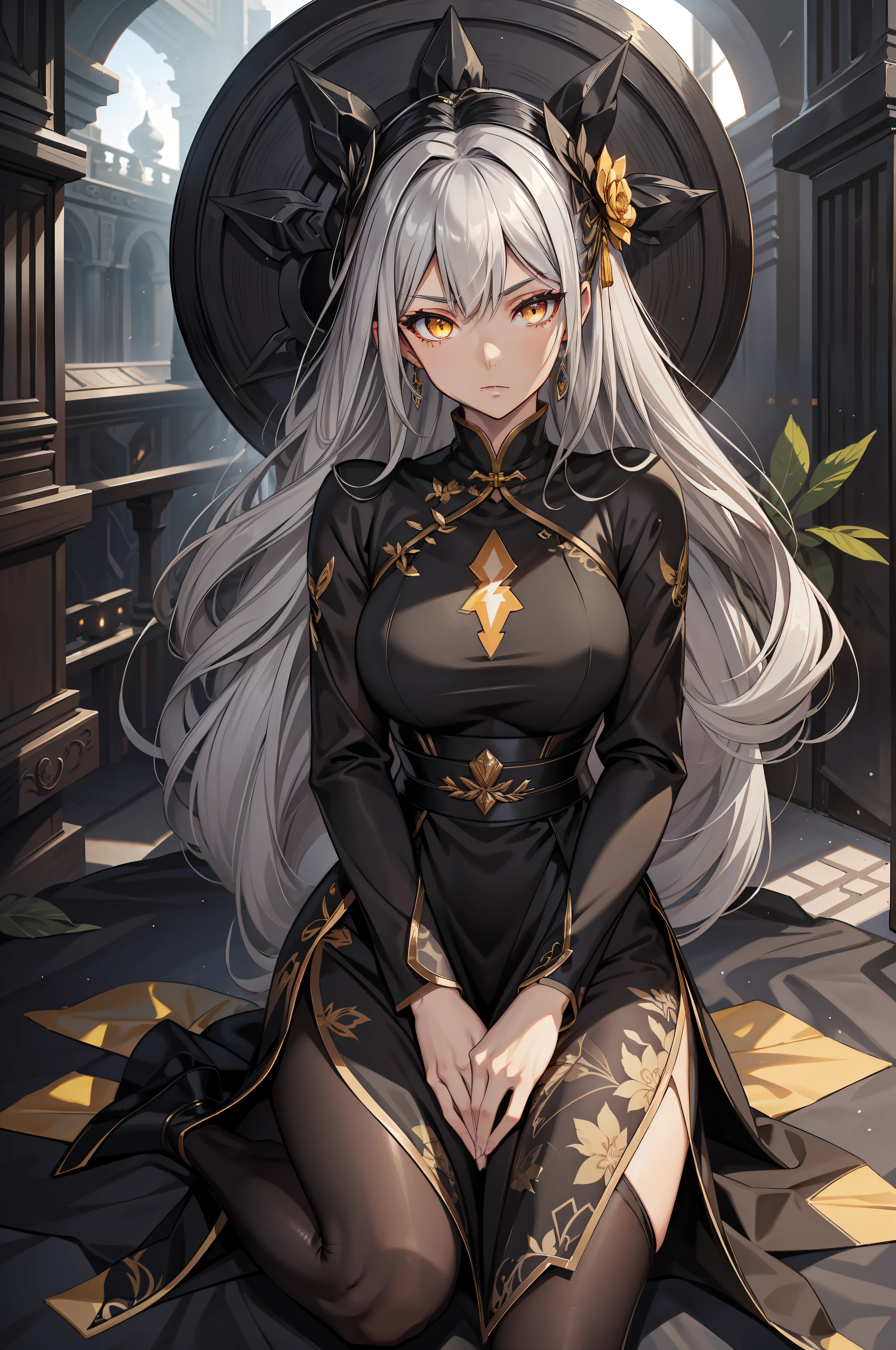 Sharp eyes, yellow eyes, extremely detailed eyes, eyes close up, Chinese dress, leg slit dress, pantyhose, black clothes, black and silver hair, lightning eyes, glowing eyes, wind blowing hair, radiating eyes, dark room, eyes focus