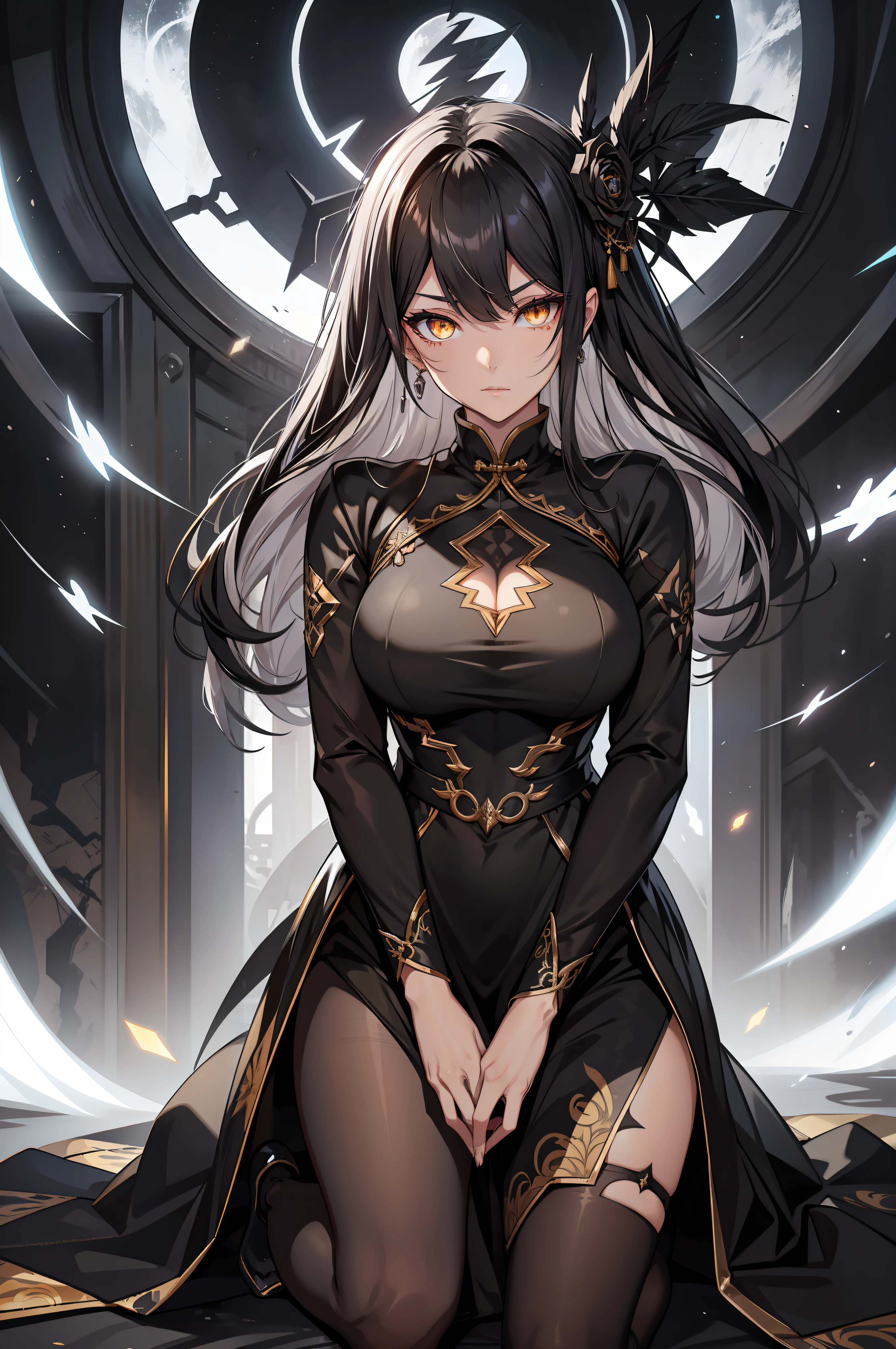 Sharp eyes, yellow eyes, extremely detailed eyes, eyes close up, Chinese dress, leg slit dress, pantyhose, black clothes, black and silver hair, lightning eyes, glowing eyes, wind blowing hair, radiating eyes, dark room, eyes focus