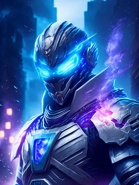 gloomy portrait of Zombie White Ranger from Power Rangers, extremely detailed, futuristic cityscape, nighttime, glowing neon lights, smoke, sparks, metal shavings, flying debris, blue energy effects, volumetric light
