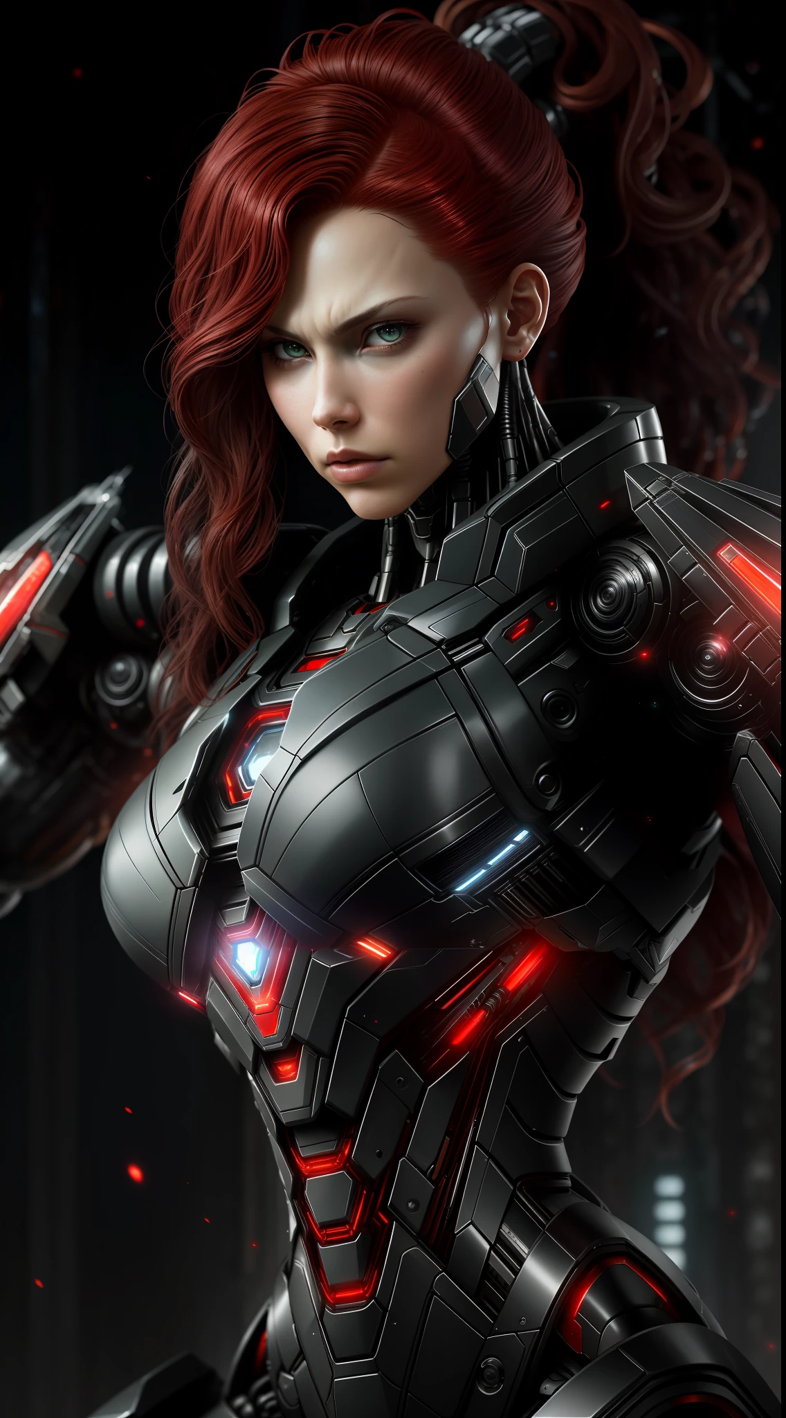 Черная Вдова из фотографий Marvel, биомеханический, сложный робот, полный рост, гиперреалистичный, безумные мелкие детали, чрезвычайно чистые линии, эстетика киберпанка, шедевр, представленный на Zbrush Central