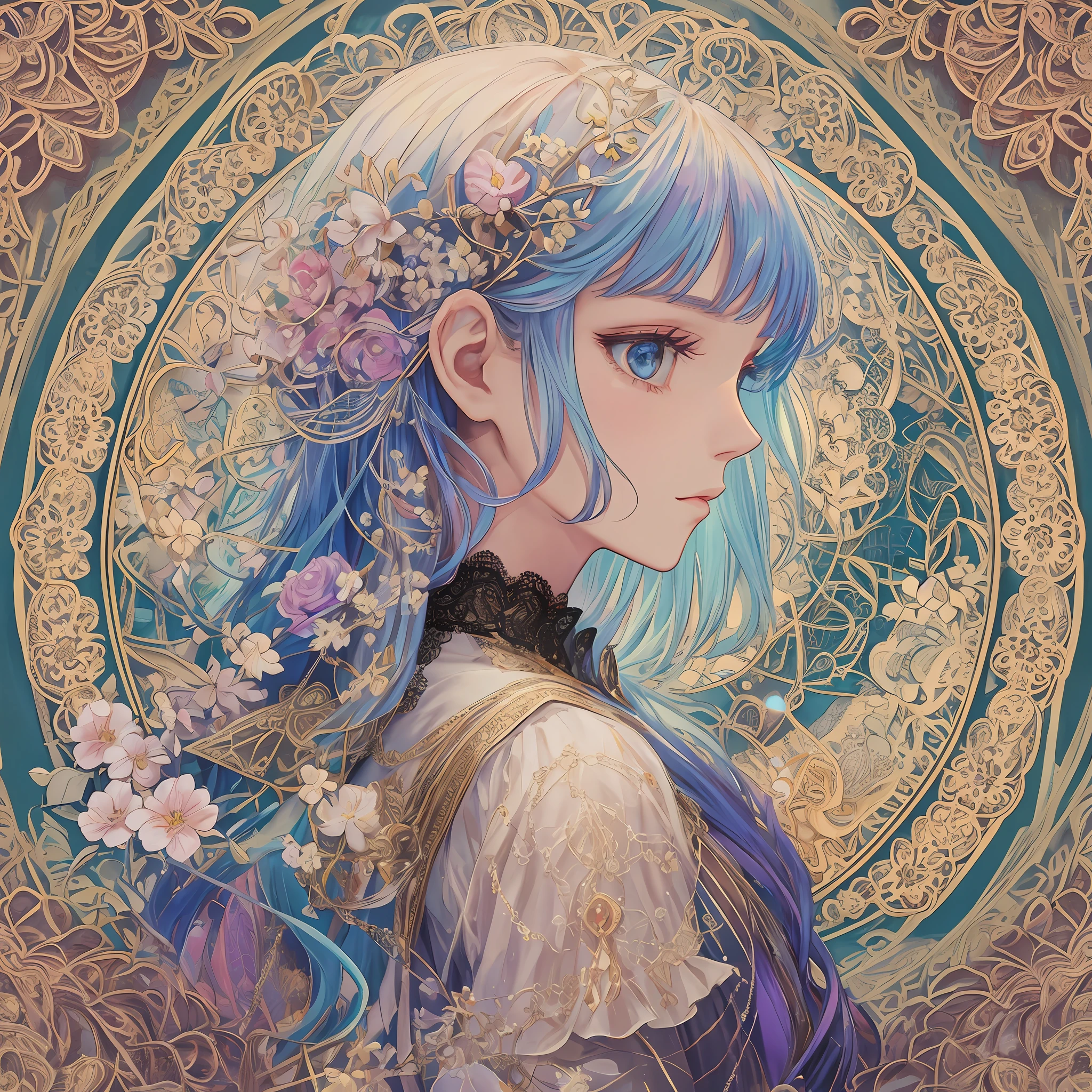 1 girl, masterpiece, top quality, beautiful and aesthetic: 1.2, fractal art: 1.3, jewels, detailed lace, detailed round frame, looking back, flowers, white, rainbow hair, beautiful girl fits in frame