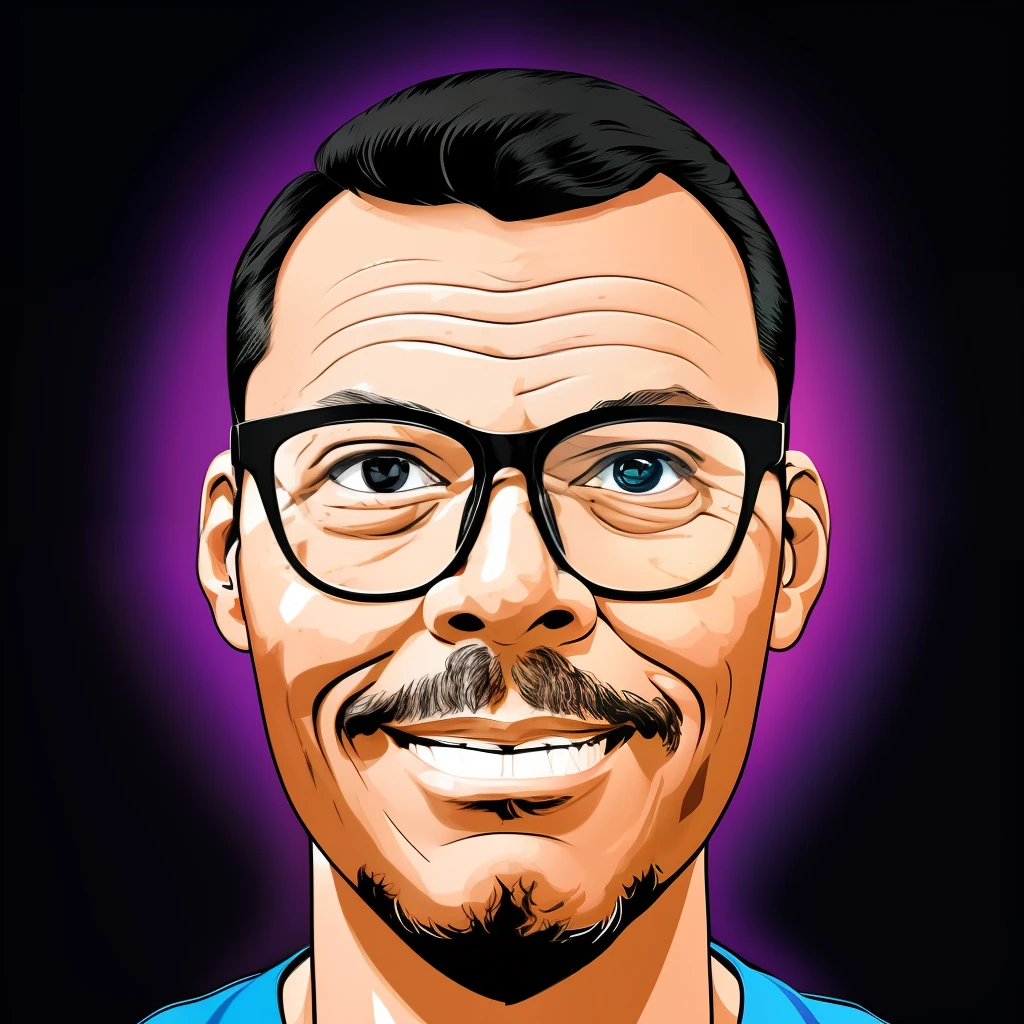 guttonerdvision4, retrato en la ilustración de un hombre con gafas, leve sonrisa. Ilustración en trazos de estilo cómic., con trazos de contorno negro. Fondo psicodélico con desenfoque