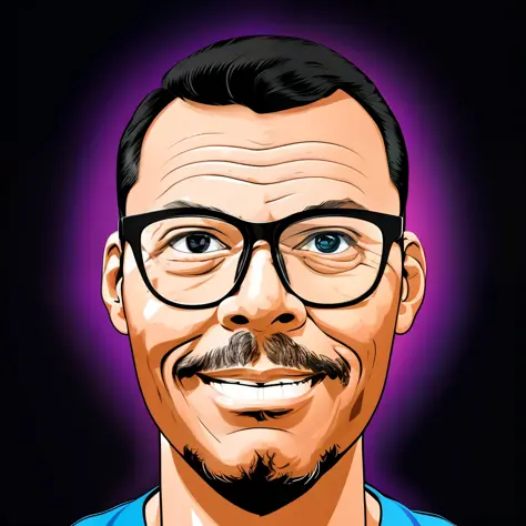 guttonerdvision4, portrait in illustration of a man with glasses, slight smile. Illustration in comic book style strokes, with b...