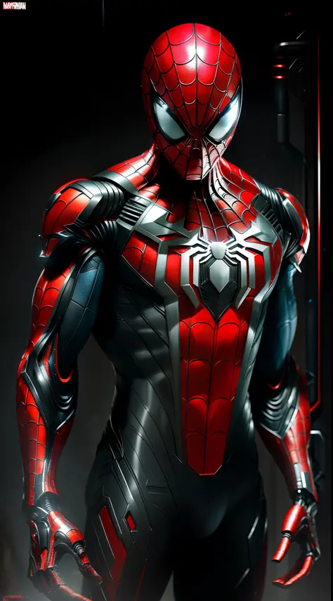 Cyborg Spider-Man He wears a metallic mesh suit with an electronic circuit  spider emblem. His mask has a digital visor and metal wings that unfold  into the shape of spider legs. Uses