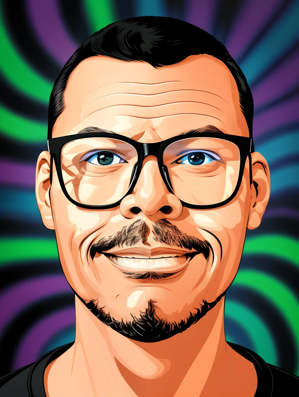 GuttonerdVision4, retrato na ilustração de um homem de óculos, leve sorriso. Ilustração em traços de estilo de quadrinhos, com traços de contorno preto. Cenário psicodélico com desfoque