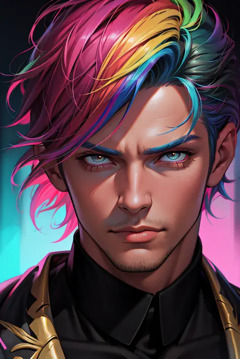 medium shot. handsome man, rainbow hair, short hair, digital painting, overdetailed digital painting, masterpiece quality, best quality,