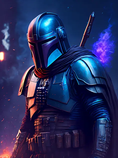 gloomy portrait of Mandalorian Horseman of the Apocalypse from Star Wars, extremely detailed, futuristic cityscape, nighttime, glowing neon lights, smoke, sparks, metal shavings, flying debris, blue energy effects, volumetric light