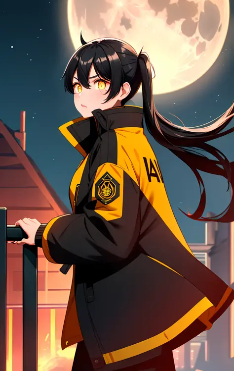 tamaki \(fire force\), 1girl, bangs, black hair, colored tips, close up, from side, yellow eyes, jacket, long sleeves, looking a...