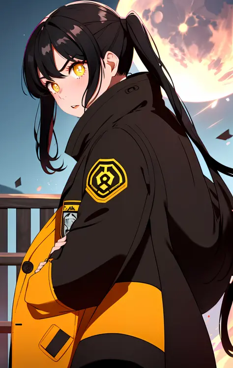 Tamaki \(fire force\), 1girl, bangs, black hair, colored tips, close up, from side, yellow eyes, jacket, long sleeves, looking at viewer, long hair, moon, black hair, parted bangs, parted lips, black hair, portrait, red eyeliner, red lips, solo, white jack...
