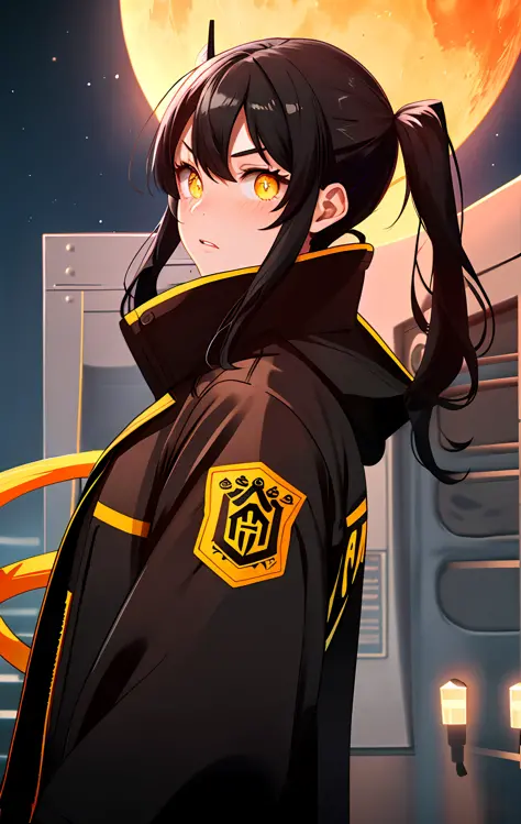 tamaki \(fire force\), 1girl, bangs, black hair, colored tips, close up, from side, yellow eyes, jacket, long sleeves, looking a...