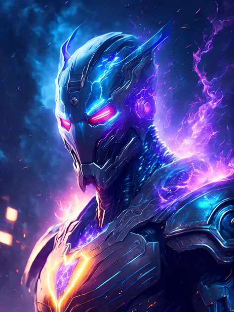 gloomy portrait of God Ultron from Marvel, extremely detailed, futuristic cityscape, nighttime, glowing neon lights, smoke, sparks, metal shavings, flying debris, blue energy effects, volumetric light