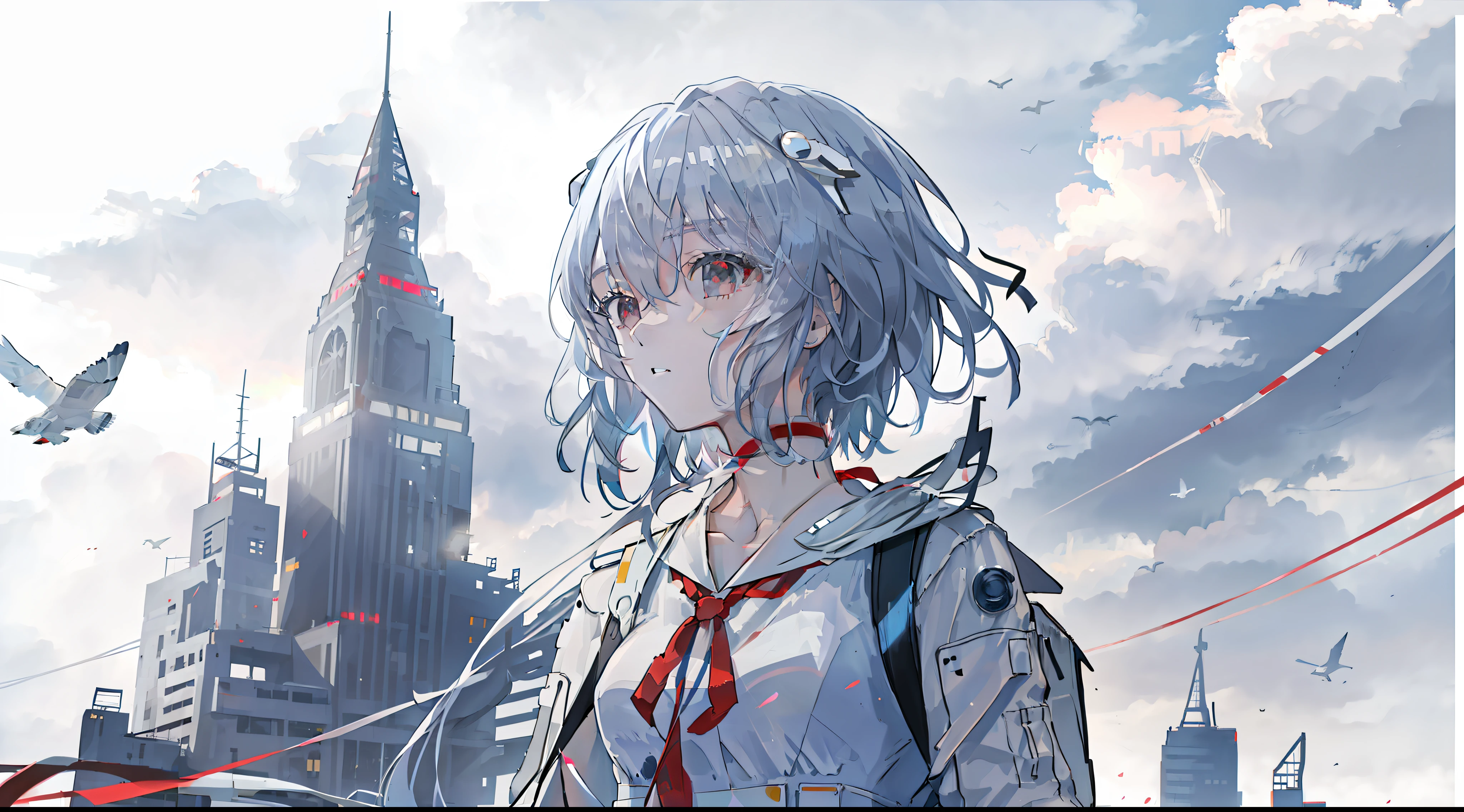 best quality,highly detailed,masterpiece,ultra-detailed,solo,1girl,(white background:1.5),(Delicate eyes),ayanami_rei,building, bird, city, ribbon, outdoors, skyscraper, red_ribbon, neck_ribbon, utility_pole, solo, short_hair, power_lines, grey_sky, cloud, rain, sky, scenery, overcast, airplane, bag, cityscape, jacket, cloudy_sky, road, aircraft, ruins, lamppost, school_uniform,blue hair,