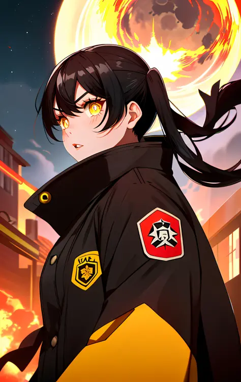 tamaki \(fire force\), 1girl, bangs, black hair, colored tips, close up, from side, yellow eyes, jacket, long sleeves, looking a...