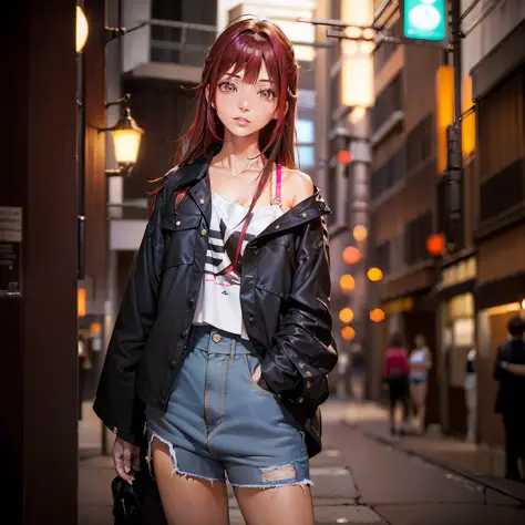 (menina japonesa de cabelos brancos:1.2,olhos vermelhos:1.1),shorts jeans:0.9,camisa preta:0.8,péle branca:1.1,night scene,(neon...