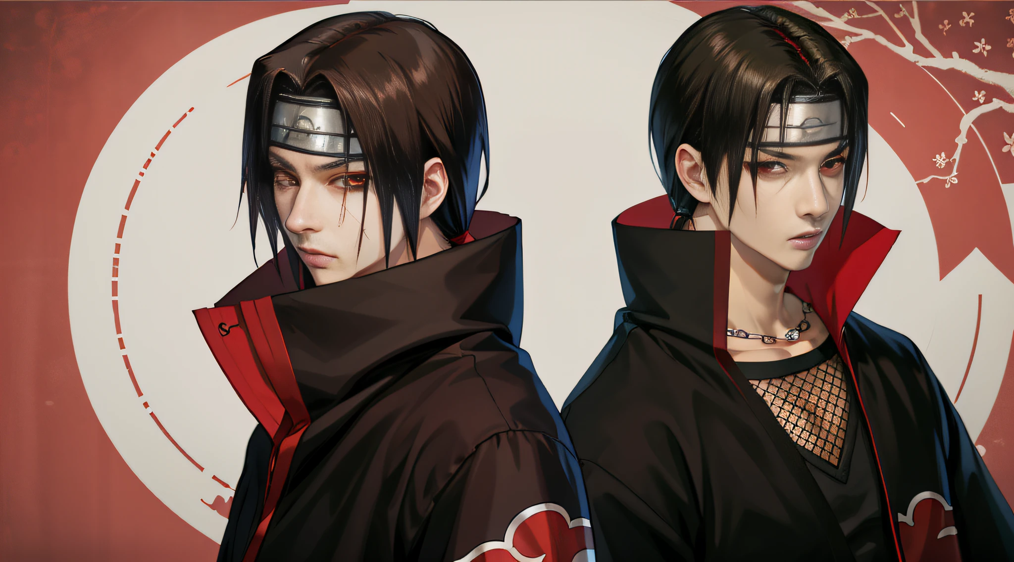 (masterpiece, best quality:1.2), red theme, solo, male focus, 1boy, uchiha itachi, expressionless, closed mouth, looking at viewer, forehead protector, ninja, cloak, high collar, jewelry, necklace