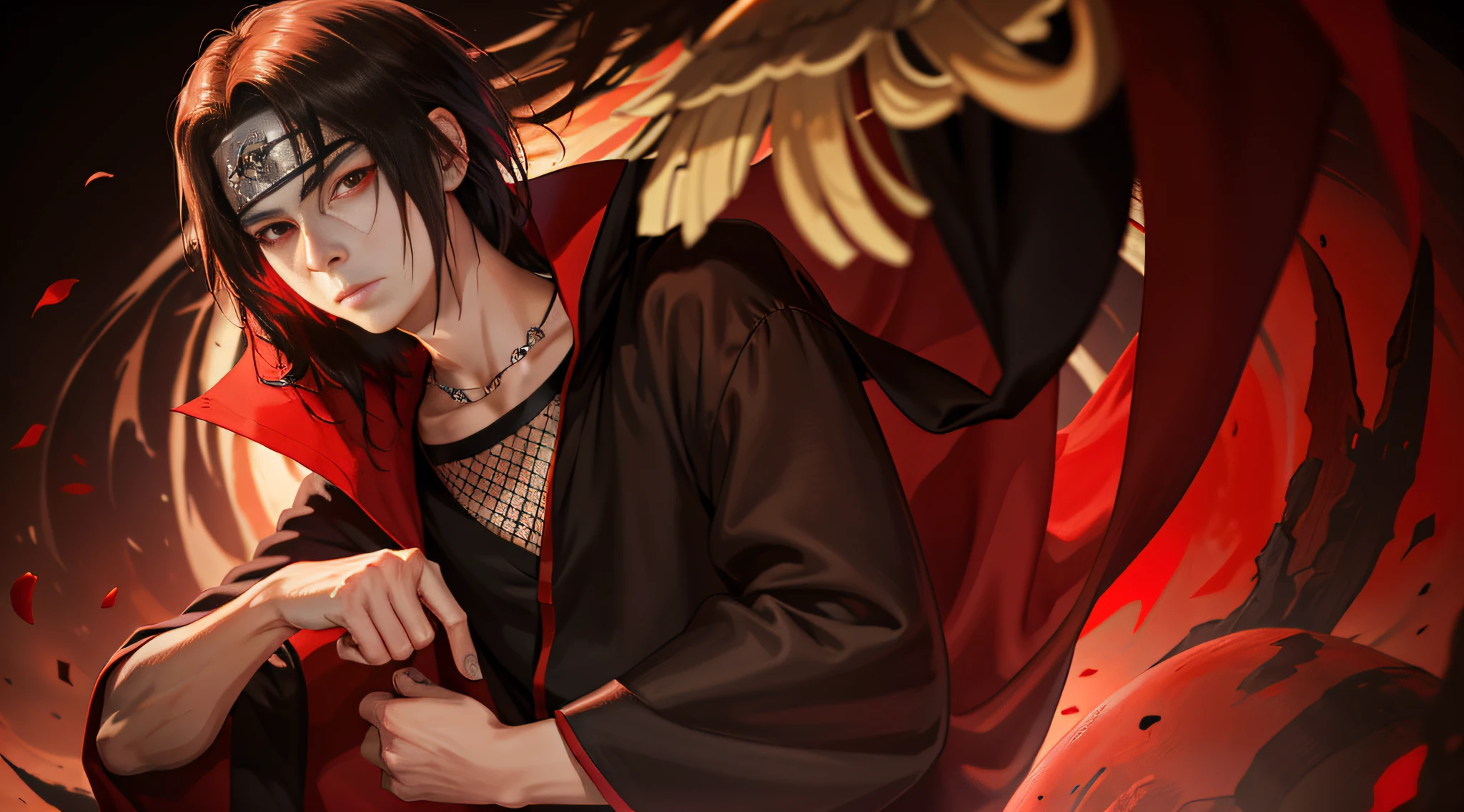 (masterpiece, best quality:1.2), red theme, solo, male focus, 1boy, uchiha itachi, expressionless, closed mouth, looking at viewer, forehead protector, ninja, cloak, high collar, jewelry, necklace