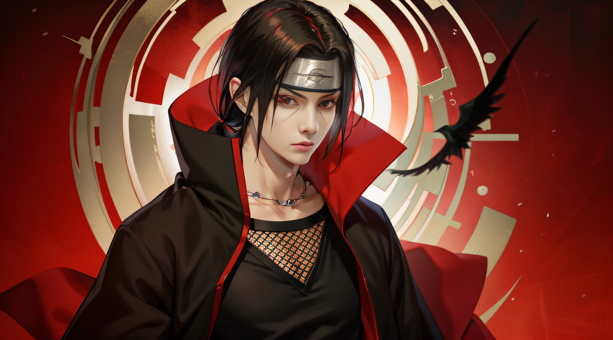 (masterpiece, best quality:1.2), red theme, solo, male focus, 1boy, uchiha itachi, expressionless, closed mouth, looking at viewer, forehead protector, ninja, cloak, high collar, jewelry, necklace