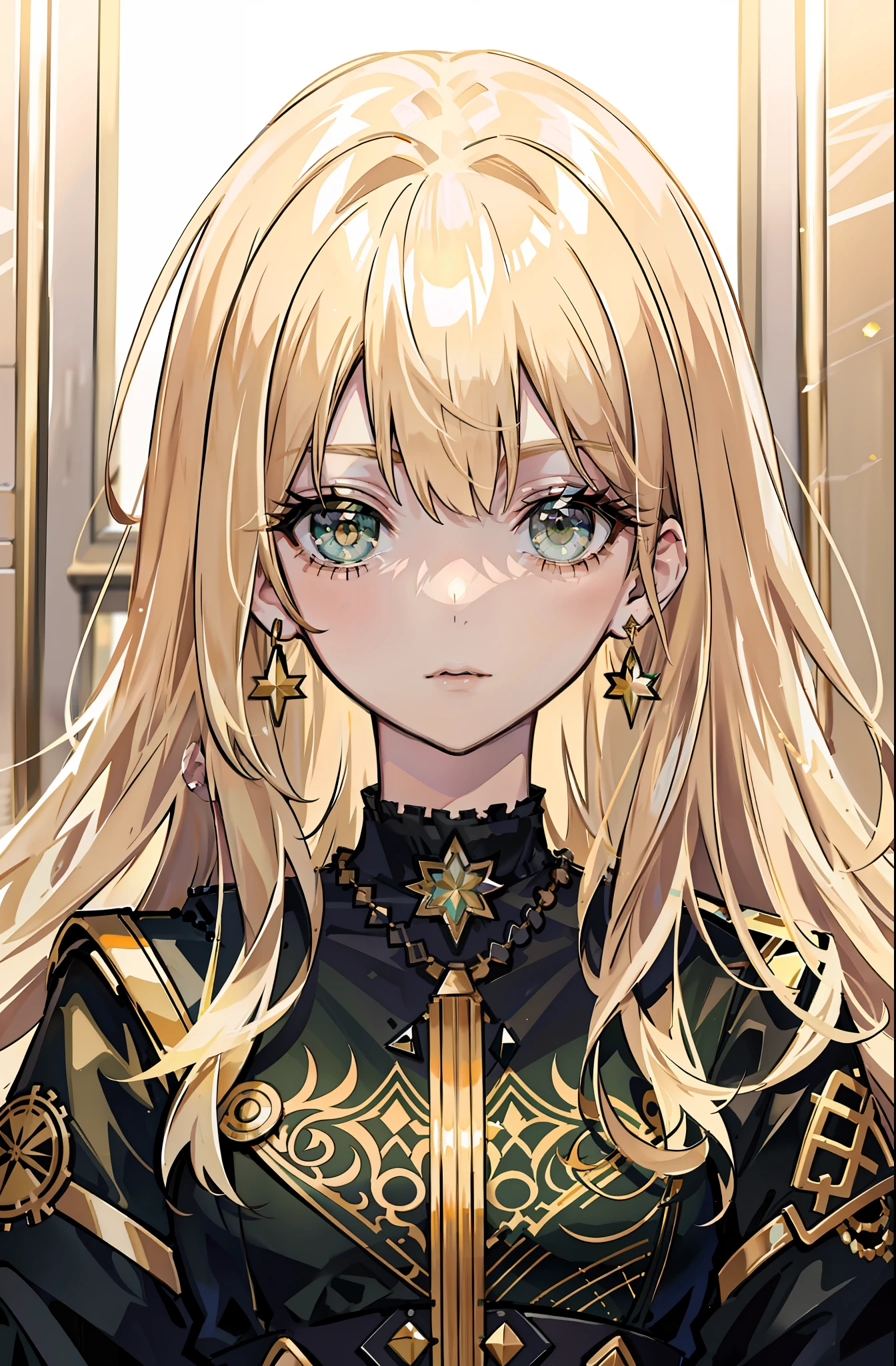 1girl, jewelry, earrings,, solo, long hair, blonde beige hair, messy hair, long hair bangs, green beautiful eyes, beautiful detailed eyes, looking at viewer, expressionless, closed mouth, necklace, choker, portrait, bangs, black jacket, upper body,bad-girl, small breasts, backlight, beautiful lightning