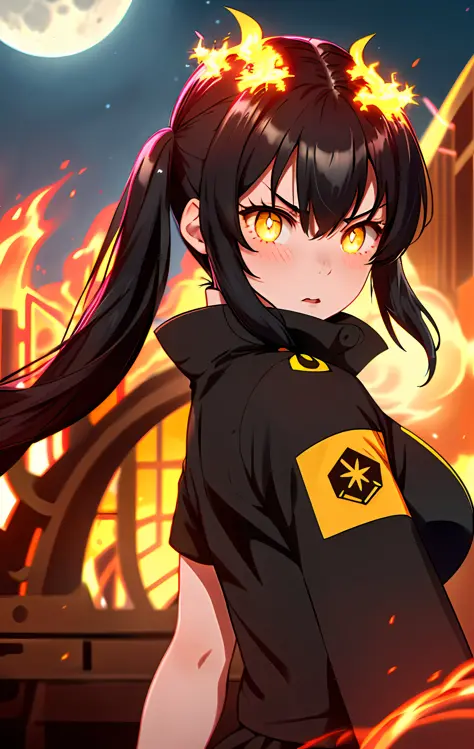 tamaki \(fire force\), 1girl, bangs, black hair, colored tips, close up, from behind, yellow eyes, dress, no sleeves, looking at...