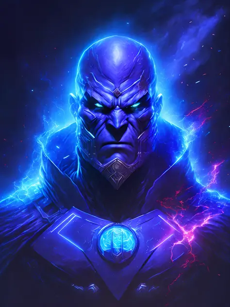 gloomy portrait of God Darkseid from DC, extremely detailed, futuristic cityscape, nighttime, glowing neon lights, smoke, sparks, metal shavings, flying debris, blue energy effects, volumetric light