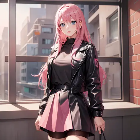 Girl Wearing Leather Jacket Over School Uniform Top Quality Masterpiece Beauty Pink Hair Long Hair