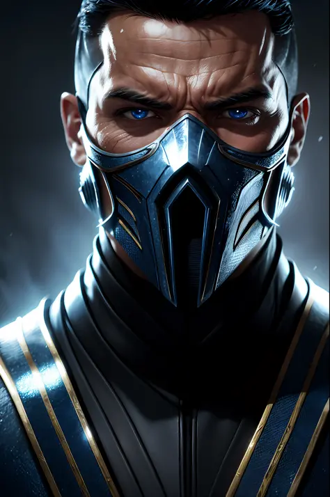 Mortal kombat, portrait (close up) Sub zero, ice effects, dark blue suit, realistically, dynamic lights, old, full footage, (ext...