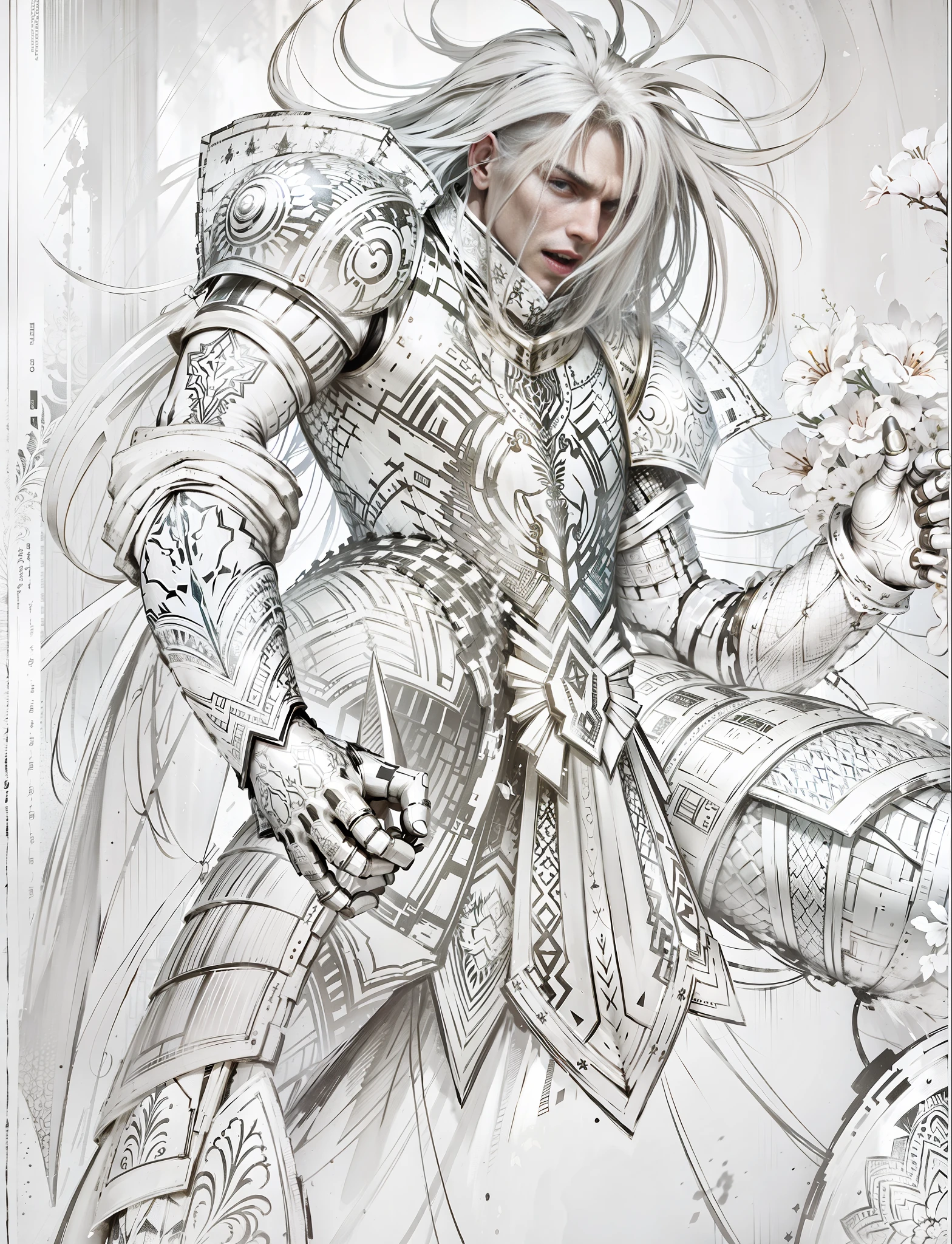 A man in armor, shouting gorgeous patterned armor, helmet in right hand, 8K, realism, correct anatomy, perfect limbs, perfect fingers, background blur, soft light