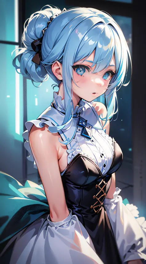 ((masterpiece)), (best quality), (detailed), (1girl), light blue gradient hair, light blue glowing eyes, Updo, wearing a white shirt and black dress, looking down at the viewer