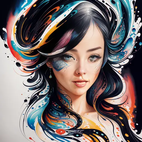 Beautiful and colorful woman: black ink flow: photorealistic masterpiece of 8k resolution, intricately detailed fluid gouache painting, watercolor art, professional photography, natural lighting, maximalist photoillustration volumetric lighting, conceptual...