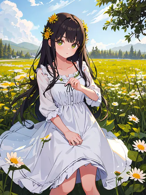 Masterpiece, best quality, girl in soft clothes, girl looking at dandelion flower fields without a future